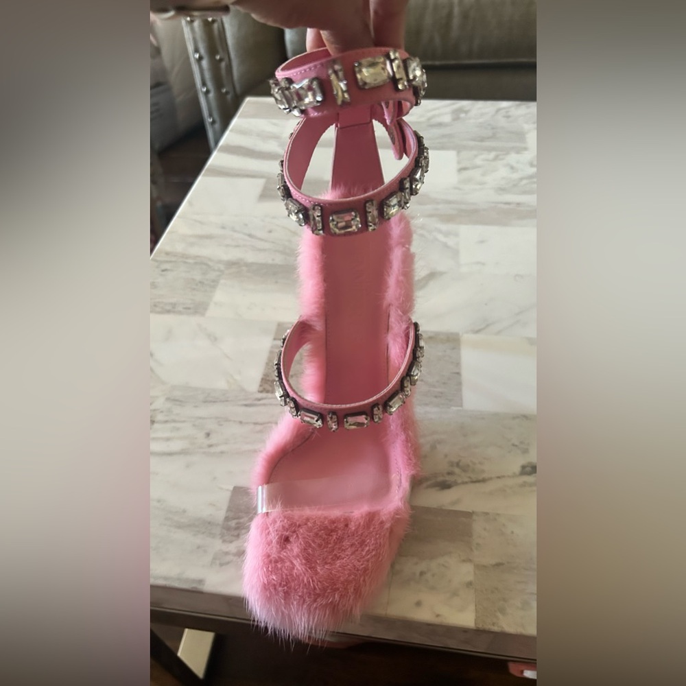 Pink 100% Mink Heels , leather, and crystals